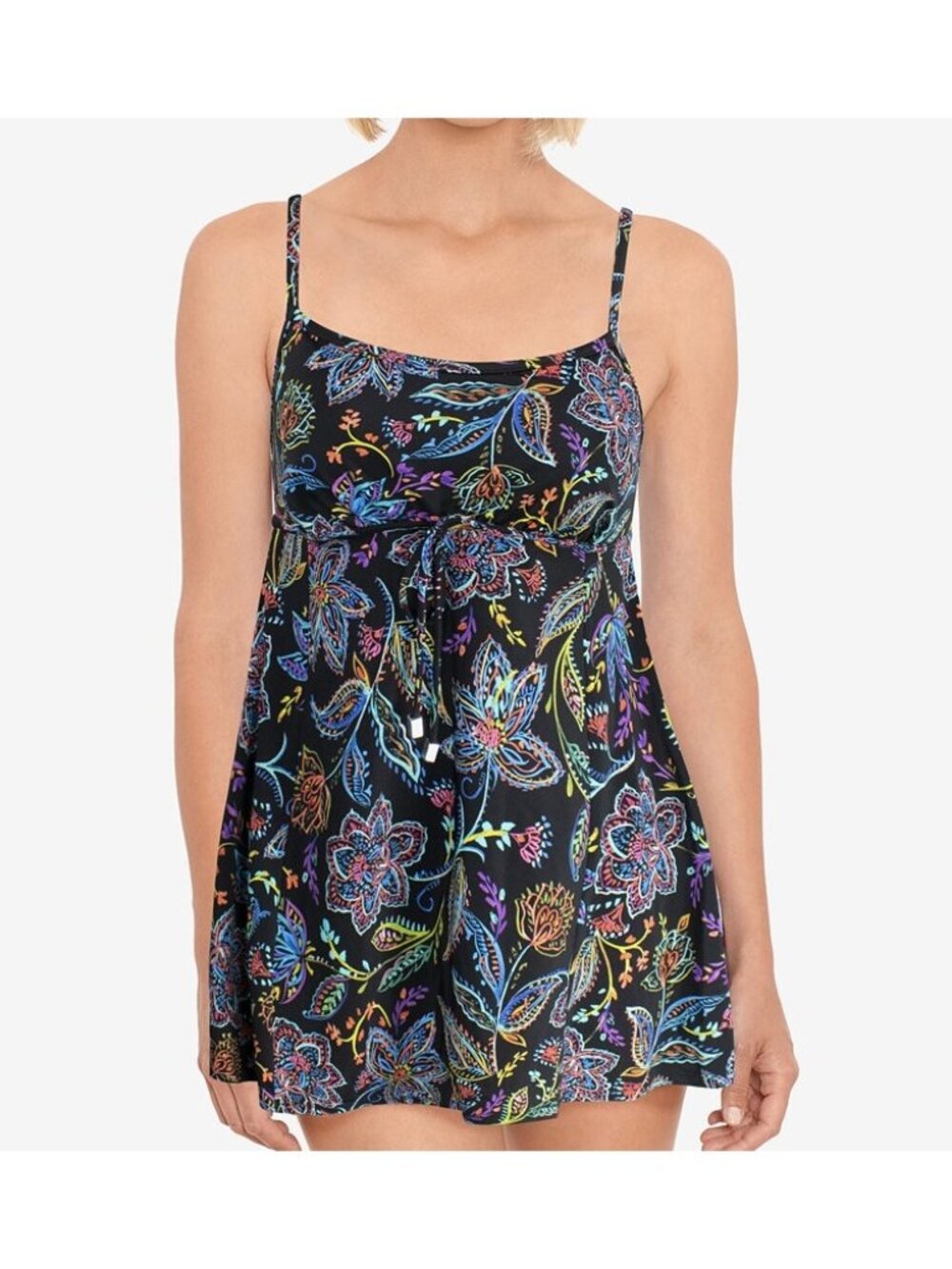Swim Solutions Empire Waist Tummy Control Stitchwork Swim Dress Multi Size 8 NWT